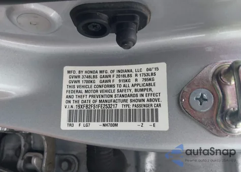 2015 Honda Civic Lx z USA, uszkodzony, nr VIN 19XFB2F51FE253217